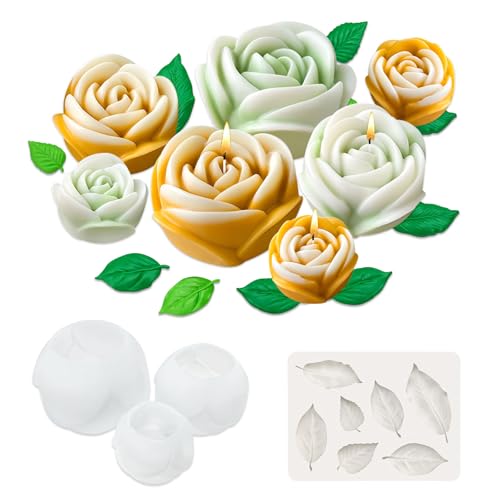 Sekonow Rosen-Kerzenformen mit Blattform, groß + mittel + klein, 3D-Blumen-Silikonformen für Kerzenherstellung, Wachsseife, Epoxidharz, Ton, Gips, Heimdekoration, Basteln, 4 Stück Sekonow Rosen-Kerzenformen mit Blattform, groß + mittel + klein, 3D-Blumen-Silikonformen für Kerzenherstellung, Wachsseife, Epoxidharz, Ton, Gips, Heimdekoration, Basteln, 4 Stück von Sekonow