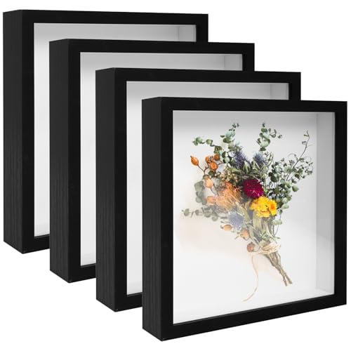 Schattenboxen, Rahmen, Vitrinen, Holz, tiefe Schattierbox für Fotos, getrocknete Blumen, Kunsthandwerk, Bilderrahmen für Wandtischplatte, Schwarz, 20,3 x 20,3 cm, 4 Stück von Sel Natural