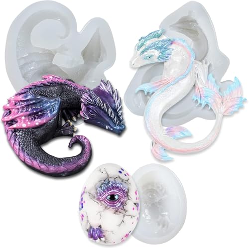 Selecto Bake 3-teiliges Drachen-Epoxidharz-Silikonformen-Set für Fondant, Drachen, Kuchendekoration, Beton, Zement, Polymerton, große Länge 6,6–10,4 cm von Selecto Bake