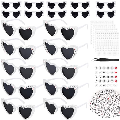 SelfTek 10 Stück Herz Sonnenbrille Weiß Herz Brille Vintage JGA Brillen Enthält DIY Perlen & Buchstaben Hippie Herzförmige Brille Partybrille Herzform Brille für JGA Hochzeit Fasching Kostüm von SelfTek