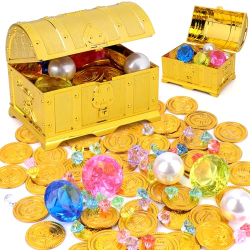 SelfTek 106 Stück Schatztruhe Kindergeburtstag Piratenschatz, 50 Goldtaler Schokolade 50 Edelsteine für Kinder 3 Diamanten Kinder 2 Perlen 1 Schatzkiste Kindergeburtstag von SelfTek