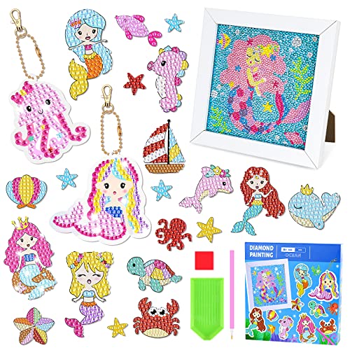 SelfTek Diamond Painting Kinder Set, Enthalten 21 Stück Diamond Painting Sticker, 2 Stück Diamond Painting Schlüsselanhänger, 1 Stück Diamant Painting Bilder, Ideal für Kindergeschenk(Mermaid) von SelfTek