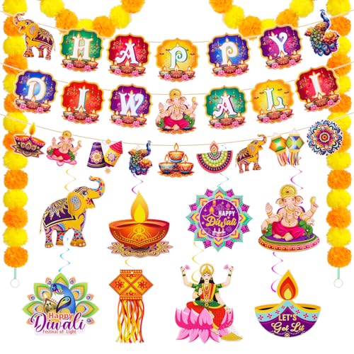 SelfTek Diwali Dekorationen - Happy Diwali Banner Künstliche Ringelblume Girlanden Blumen und hängende Wirbel Dekorationen Festival der Lichter indische Party Home House Diwali Dekor SelfTek Diwali Dekorationen - Happy Diwali Banner Künstliche Ringelblume Girlanden Blumen und hängende Wirbel Dekorationen Festival der Lichter indische Party Home House Diwali Dekor von SelfTek