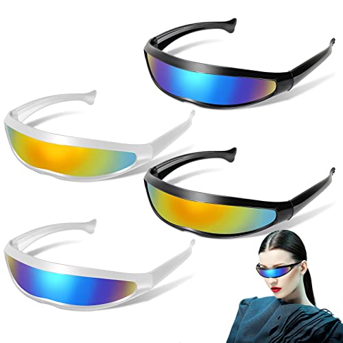 SelfTek Futuristische Sonnenbrille, 4 Stück Farbiger+Blau Futuristische Brille, Fun Glasses Rollenspiel Halloween Brillen Set, Space Brille Alien Brillen Set von SelfTek