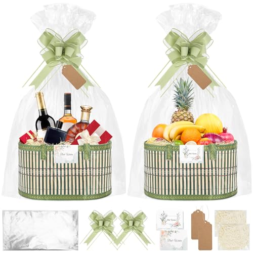 SelfTek Geschenkkorb Leer Groß Grün - Geschenkkorb mit Präsentkorb Leer Geschenkfolie Transparent, Füllmaterial, Schleifen, Grußkarte, Etikett, 30x20x15cm Präsentkorb Leer für Halloween Weihnachten von SelfTek