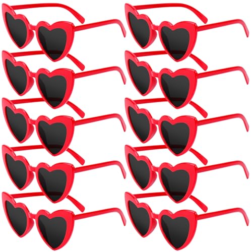 SelfTek Herz Brille Rot, 10 Stück Retro Herz Sonnenbrille Partybrille Herzform Brille, Vintage JGA Brillen Hippie Herzförmige Brille, Herzchen Brille für Party Hochzeit Karneval von SelfTek