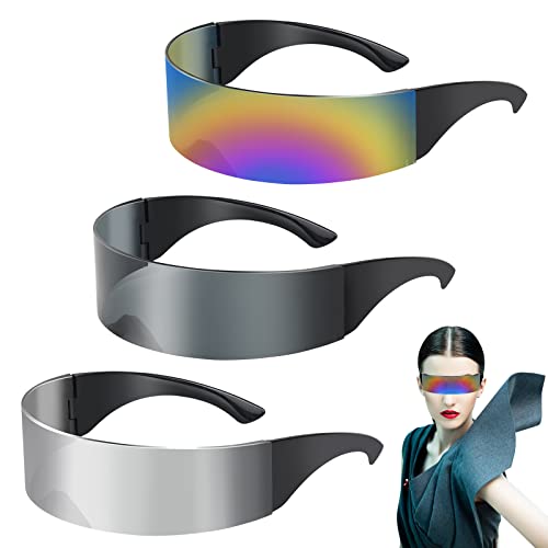 SelfTek Schnelle Brille Rave, 3 Stück Farbiger+Silber+Schwarz Futuristische Schmale Zyklopen Brille, Fun Glasses Rollenspiel Halloween Brillen Set, Space Brille Alien Brillen Set von SelfTek