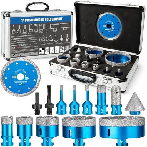 Diamant-Fliesen-Lochsägen-Set, 14-teilig, inklusive 6/6/8/20/25/35/50/75/100 mm Bohrer, 20 mm Finger-Bit, 50 mm Schrägfasen-Bit und 12,7 cm Diamantklingen für Fliesen, Keramik, Porzellan und Marmor Diamant-Fliesen-Lochsägen-Set, 14-teilig, inklusive 6/6/8/20/25/35/50/75/100 mm Bohrer, 20 mm Finger-Bit, 50 mm Schrägfasen-Bit und 12,7 cm Diamantklingen für Fliesen, Keramik, Porzellan und Marmor von Semderm