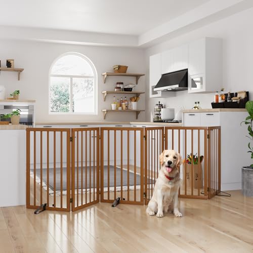 Freistehendes, extra breites Hundegitter für den Innenbereich, 6 Paneele, aus Holz mit 2 Metallständern und 360°-Scharnier, hohe Hundegitter für Türen, Treppen, Türen, Küche, faltbarer Sicherheitszaun von Semiocthome