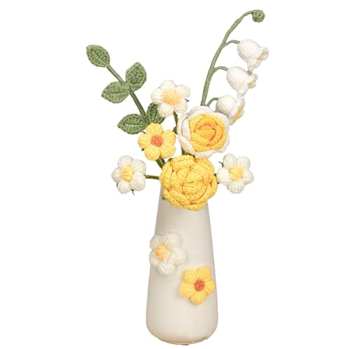 Gestrickte Rose, Sonnenblume, Maiglöckchen Im Keramikvasen-Set, Handgefertigte Häkelblumen mit Vase, Künstlich Gewebte Blumenarrangements für die Tischdekoration zu Hause und Im Büro(Gelbe Rose) von Sempoda