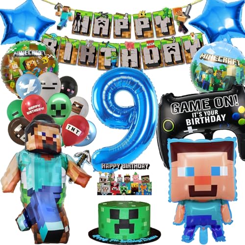 Geburtstagsdeko Jungen Geburtstag Deko Junge 9 Jahre Kindergeburtstag deko Geschenk Junge 9 Jahre Birthday Decorations mit Happy Birthday Girlande, Cake Topper und Folienballon von Sencangxun