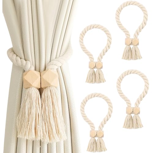 Senchinner 4 Stück Magnetische Vorhang Raffhalter, Gardinenhalter aus Holz Boho-Stil, Vorhanghalter mit Baumwollseil, Gardinenraffer für Home & Büro, Dekorative Raffhalter für Vorhänge,beige Senchinner 4 Stück Magnetische Vorhang Raffhalter, Gardinenhalter aus Holz Boho-Stil, Vorhanghalter mit Baumwollseil, Gardinenraffer für Home & Büro, Dekorative Raffhalter für Vorhänge,beige von Senchinner