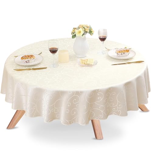 Tischdecke Abwaschbar Rund 140cm, Polyester Tafeldecke Jacquard, Gartentischdecke Rund, Damast TischdeckeFüR Drinnen Und DraußEn,Tischdecke Rund Schmutzabweisend Pflegeleicht (Beige) von Senchinner