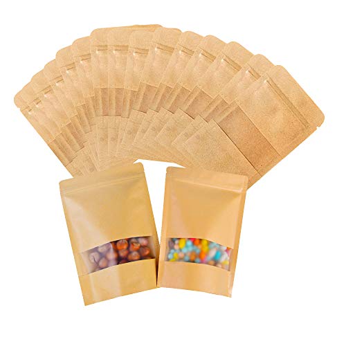 Kraftpapiertüten mit Fenster, wiederverwendbare Lebensmittelaufbewahrungsbeutel mit Reißverschluss, wasserdicht, selbstverschließend, Standbeutel, braune Papiertüte für Kekse, Süßigkeiten, Tee, von Senda