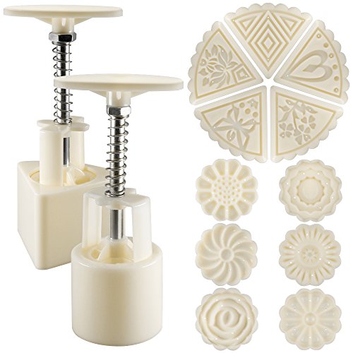 Senhai 2 Sets Mooncake Mould Press 50g mit 11 Briefmarken, Blumen und Dreieck Form Dekoration Werkzeuge für Backen DIY Cookie - Weiß von Senhai