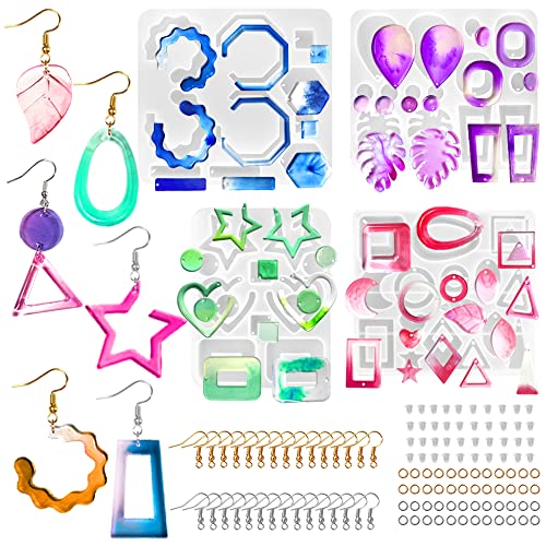 Senhai 4 Stück Ohrring-Harzformen, Mode Multi-Stil Schmuck Silikonformen Anhänger Formen, mit Ohrhaken, offenen Schlaufen und transparenten Ohrstöpseln, für die Herstellung von Ohrringen, Anhängern von Senhai
