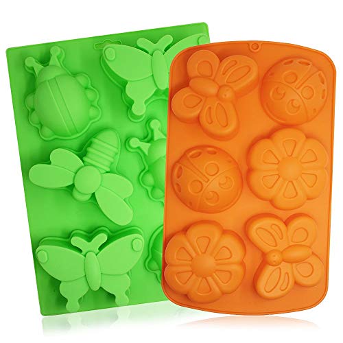 2 PCS Insekten Silikon Schalen, Senhai 6-cavity 3D Libelle Schmetterling Marienkäfer Kuchen Backen Formen, DIY Seife handgefertigt Muffin Biscuit Cookie Pfannen – orange, grün von Senhai