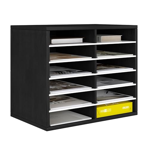 Senhoglb 12 Fächer Schreibtisch Ablagefächer Holz, Schreibtisch Ordner Organizer, Aktenablage A4 stapelbar, Büro Briefablage, Halten Sie Ihren Desktop Sauber, Schwarz&Weiß von Senhoglb