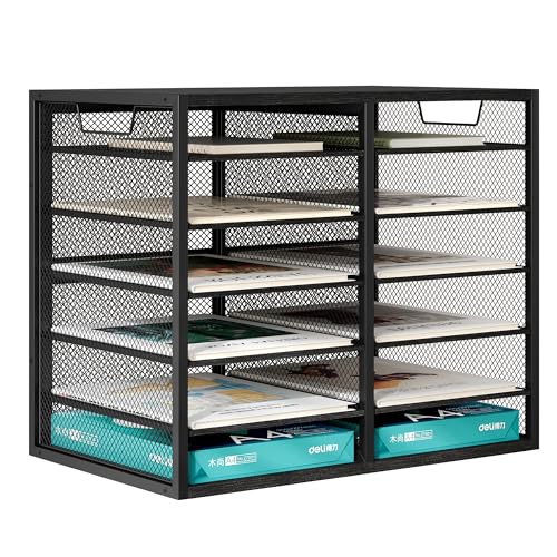 Senhoglb 12 Fächer Schreibtisch Ordner Organizer, Holz Briefablage Stapelbar, Multifunktionaler Briefablage, Metall Aktenablage, Dokumentenablage A4 Papier Aufbewahren, Schwarz von Senhoglb