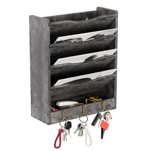 Senhoglb Zeitungshalter Wand, Hängeregister Stehsammler Holz mit 6 Haken, 5-stufiger zeitungsständer wand Prospekthalter A4 für das Home Office, Briefablage Dunkelgrau von Senhoglb