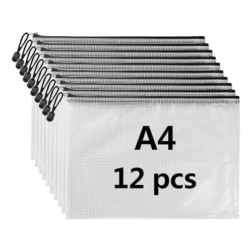 12 Stück Dokumententasche A4,Dokumententasche Mit Reißverschluss,Mesh Plastic Zip Bag,Für Datei,Papier,Quittungen,Kosmetika von Senken