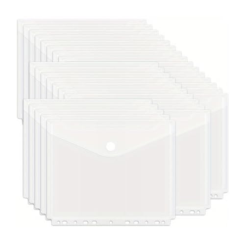 20 Stück Dokumentenmappe A4,KlarsichthüLlen A4 Mit Klettverschluss,Dokumentenmappe Mit 11 Löchern,Weiß,Lehrerbedarf,Wasserdicht Sammelmappen Für Dokumente Organisieren von Senken
