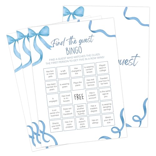 Blue Bow Baby Shower Spiele, Blue Find The Guest Bingo-Spiel für 30 Gäste mit Spielkarten, Gender Reveal, Baby Shower Supplies & Dekorationen (DV10) von Senkiiv