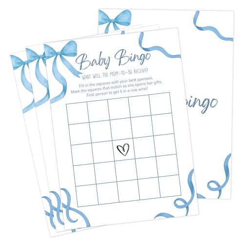 Blue Bow Babyparty-Spiele, blaues Baby-Bingo-Spiel für 30 Gäste mit Spielkarten, Gender Reveal, Babyparty-Zubehör & Dekorationen (DV11) von Senkiiv