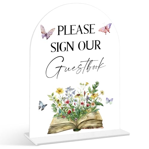 SP54 Schild mit Aufschrift "Please Sign Our Guestbook", Geschichtenbuch-Schild für Babypartys, Acrylschild mit Ständer, Geschlechtsoffenbarung, Party-Tischdekoration, Wildblumen-Schmetterling von Senkiiv