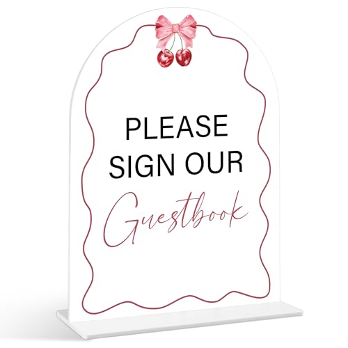 Schild mit Aufschrift "Please Sign Our Guestbook", "Cherry Baby Shower", Acrylschild mit Ständer, Geschlechtsoffenbarung, Party-Tischdekoration, Kirsch-Babyparty-Zubehör (SP40) von Senkiiv