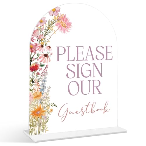 Schild mit Aufschrift "Please Sign Our Guestbook", Wildblumen-Babyparty-Schild, Acrylschild mit Ständer, Geschlechtsoffenbarung, Party-Tischdekoration, Blumen-Babyparty-Zubehör (SE47) von Senkiiv