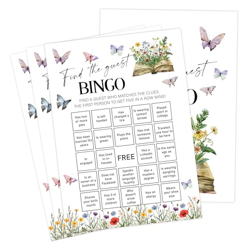 Storybook Babyparty-Spiele, Wildblumen-Schmetterling, Finde den Gast, Bingo-Spiel für 30 Gäste mit Spielkarten, Gender Reveal, Babyparty-Zubehör & Dekorationen (DV46) von Senkiiv
