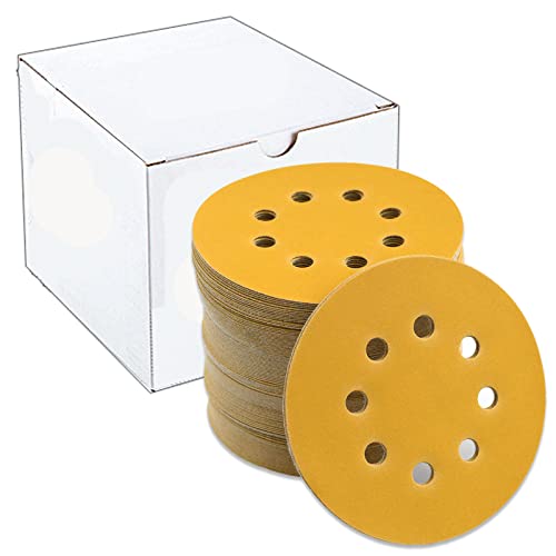 Senmai Tools 100 Stück Schleifscheiben 125mm Klett,8 Loch in Gold Rund klett Schleifpapier Exzenterschleifer Mischkorn für Holz Metall - verschiedene Körnungen wählbar - P100 Körnung von SenmaiTools
