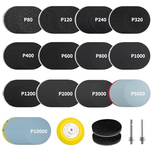 Senmai Tools 130 Stück Wasserfest Schleifpapier 75mm Klett Runde Schleifscheiben (Körnung 80-10000) Mit 6,35 mm Schaft, Stützteller, Schaumstoffkissen für Metall Holz Glas Auto Polieren von SenmaiTools