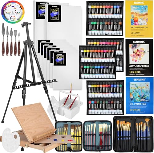 Deluxe-Künstler-Malset mit Aluminium- und Buchenholz-Staffelei, Acryl- und Ölfarben, 24 Farben, Aquarellfarben, Kunstmalzubehör für Künstler, Anfänger und Erwachsene, 149-teilig von Senmink