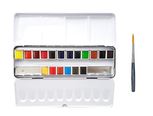 Sennelier Extrafeiner Aquarellfarbe, Aquarell Malkasten, Metallkasten, 18 x 1/2 Näpfchen und Da Vinci XS Synthetic Brush Travel von Sennelier