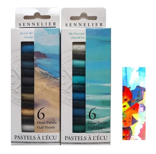 Sennelier Set mit trockenen Pastellkreiden, 12 halbe Pastellfarben, weiche Pastellkreiden mit Ecru, am Meer und 1 Karte von Sennelier