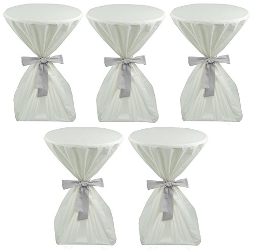 Sensalux 5X Stehtischhusse, Oeko-TEX®100, abwaschbar, weiß, 80 cm, Schleifenband grau, Husse für Stehtische, Bistrotisch, Tischüberzug, stoffähnliches Vlies, Catering, Vereinsfeier, Geburtstag von Sensalux