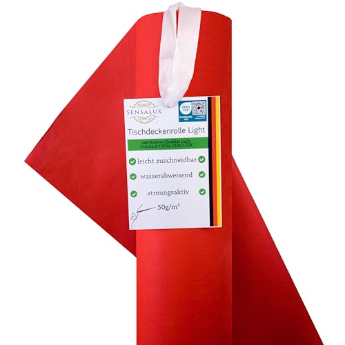 Sensalux Light Tischdeckenrolle, Oeko-TEX ® 100 - Made in Germany - 25m lang (Farbe nach Wahl), rot, 1,10m x 25m, stoffähnliches Vlies, ideal für Jede Party, Vereinsfeier, Geburtstagsfeier von Sensalux