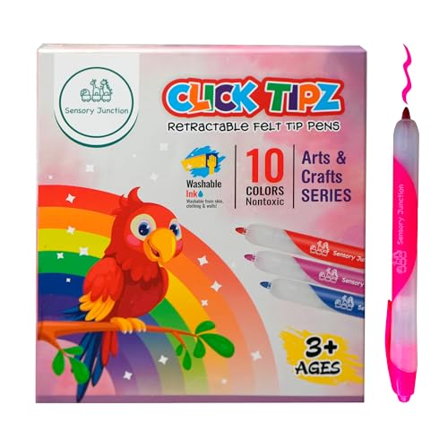 Sensory Junction Click Tips einziehbare, waschbare Marker, 10 verschiedene Farben, ungiftige Filzstifte für Kinder ab 3 Jahren, leicht von Haut und Kleidung abwaschbar, ideal zum Zeichnen und Sensory Junction Click Tips einziehbare, waschbare Marker, 10 verschiedene Farben, ungiftige Filzstifte für Kinder ab 3 Jahren, leicht von Haut und Kleidung abwaschbar, ideal zum Zeichnen und von Sensory Junction