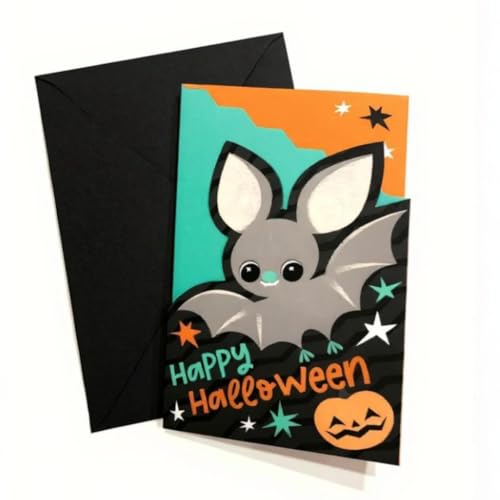 Senvianda Halloween-Einladungskarten, 8 Stück mit Umschlägen, Fledermaus-Design mit Kürbis, Happy Halloween Party-Karten Senvianda Halloween-Einladungskarten, 8 Stück mit Umschlägen, Fledermaus-Design mit Kürbis, Happy Halloween Party-Karten von Senvianda