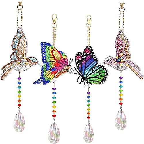 Senyanoe 4 Stück Diamond Painting Sonnenfänger Windspiel Anhänger Hängender Handwerk Diamond Painting Full Strass mit Werkzeugtasche für Fenster Garten Außen (Schmetterling und Vogel) von Senyanoe