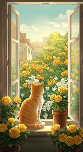 5D Fenster Katze Diamond Painting Eckige Steine 30x70cm,Diamond Painting Set für Erwachsene Anfänger Strass Stickerei Diamant Painting Bilder Crystal Art Bastelset von Senyanr