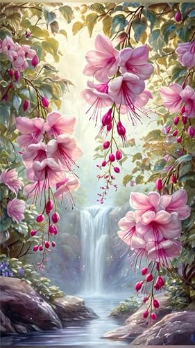 Diamond Painting Groß XXL 100x210cm Eckige Steine,Rosa Wasserfall Blume 5D Diamant Painting Set Für Erwachsene DIY Kristall Strass Stickerei Set für Wohnzimmer Dekoration von Senyanr