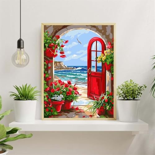 Malen Nach Zahlen Erwachsene Rote Blumen,DIY Meer Paint by Numbers mit Pinseln und Acrylfarbe,Handgemalt Ölgemälde Leinwand Kit für Home Décor Mit Rahmen(40x50cm) von Senyanr
