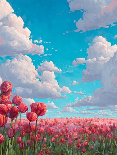 Malen Nach Zahlen für Erwachsene Anfänge Tulpenfelder,Paint by Numbers for Adult,DIY malen nach zahlen kits auf Leinwand mit Pinseln Acrylmalerei Kunsthandwerk für Zuhause 40x50cm(mit Rahmen) von Senyanr