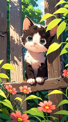 Senyanr 5D Zaun Katze Diamond Painting Runder Steine 50x110cm,Diamond Painting Set für Erwachsene Anfänger Strass Stickerei Diamant Painting Bilder Crystal Art Bastelset von Senyanr