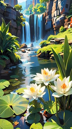 Senyanr Diamond Painting Groß XXL 90x190cm Eckige Steine,Wasserfall-Lotus 5D Diamant Painting Set Für Erwachsene DIY Kristall Strass Stickerei Set für Wohnzimmer Dekoration von Senyanr