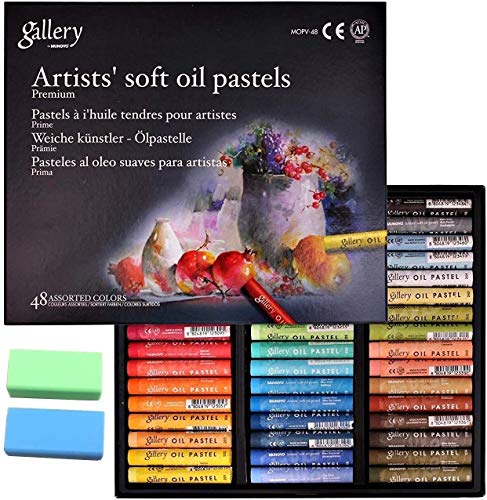 Mungyo Gallery, ungiftige, weiche Ölpastellkreide, Set mit 48 verschiedenen Farben, Bündel mit Gummi-Pastell-Radiergummis für Künstler und Profis von Birsppy