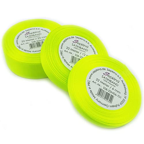 Sepkina Set 6 12 und 25 mm 3 Rollen Satinband Schleifenband Dekoband Band Bastelband Geschenkband Nähband Zierband Satin Neon Gelb Neongelb von Sepkina